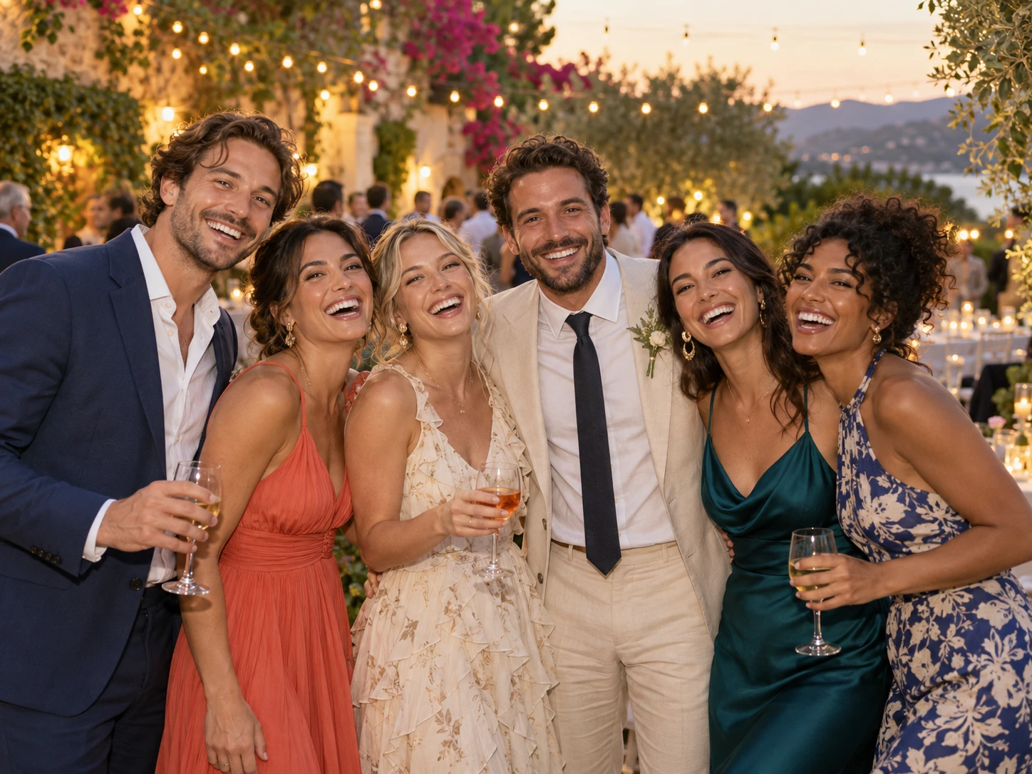 Seis amigos posando juntos durante una boda al aire libre