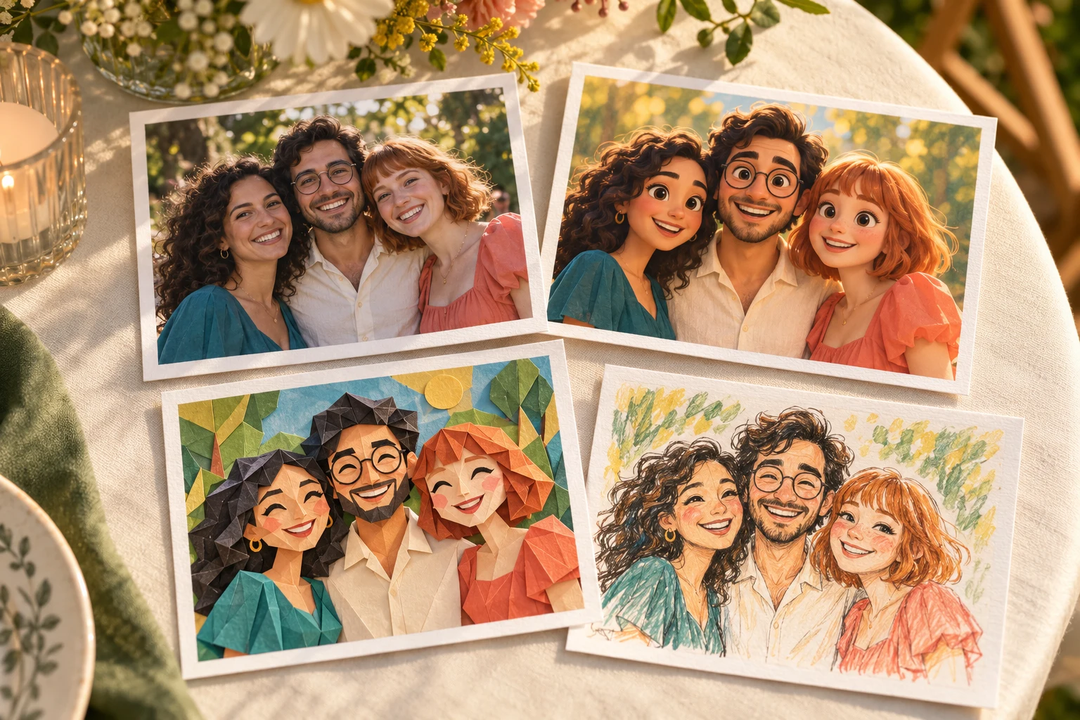 Montaje ilustrativo de fotografías impresas: tres amigos en la foto original y sus versiones en caricatura, origami y animación 3D